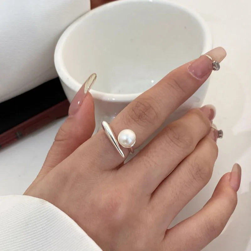 Women Silver Round Faux Pearl Ring