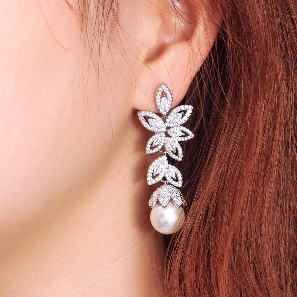 Long Cluster Leaf Shape Shiny Cubic Earrings