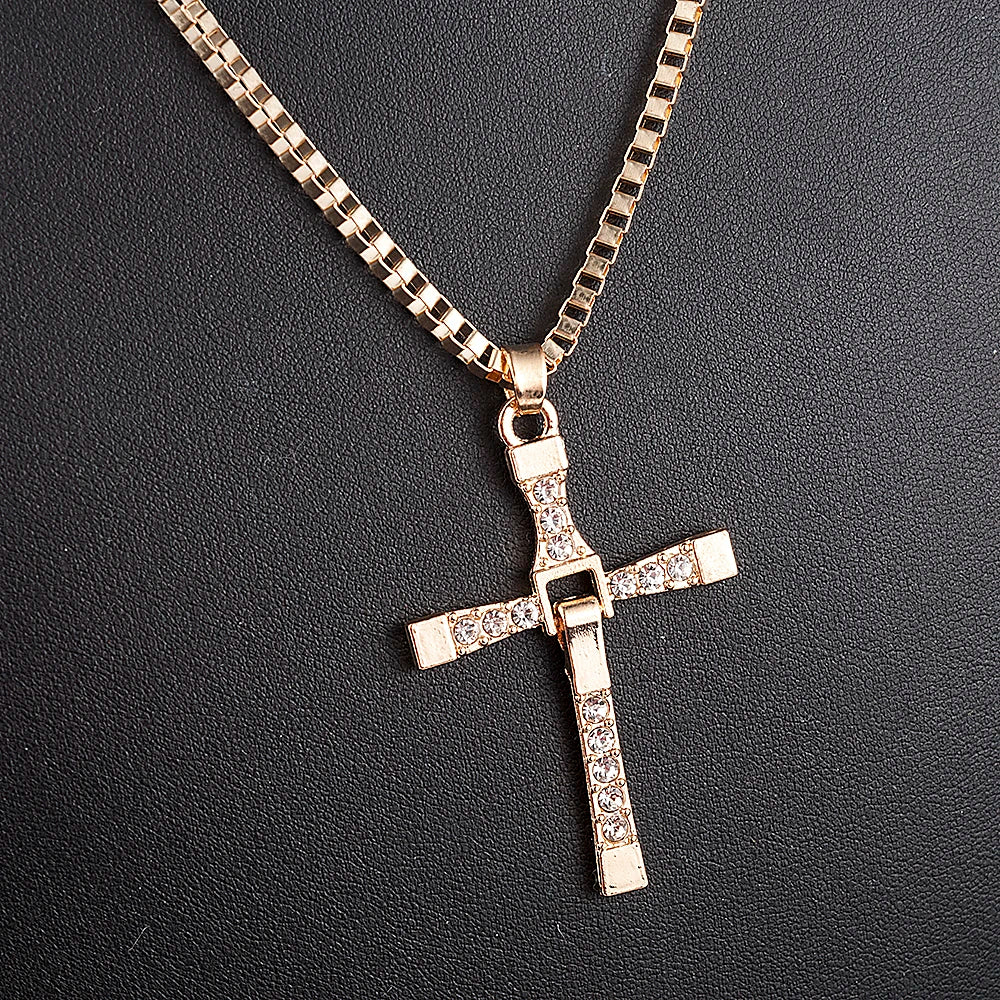 Men Cross Crystal Pendant Chain Necklace