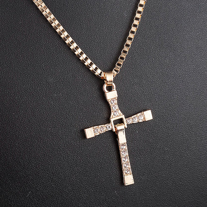 Men Cross Crystal Pendant Chain Necklace