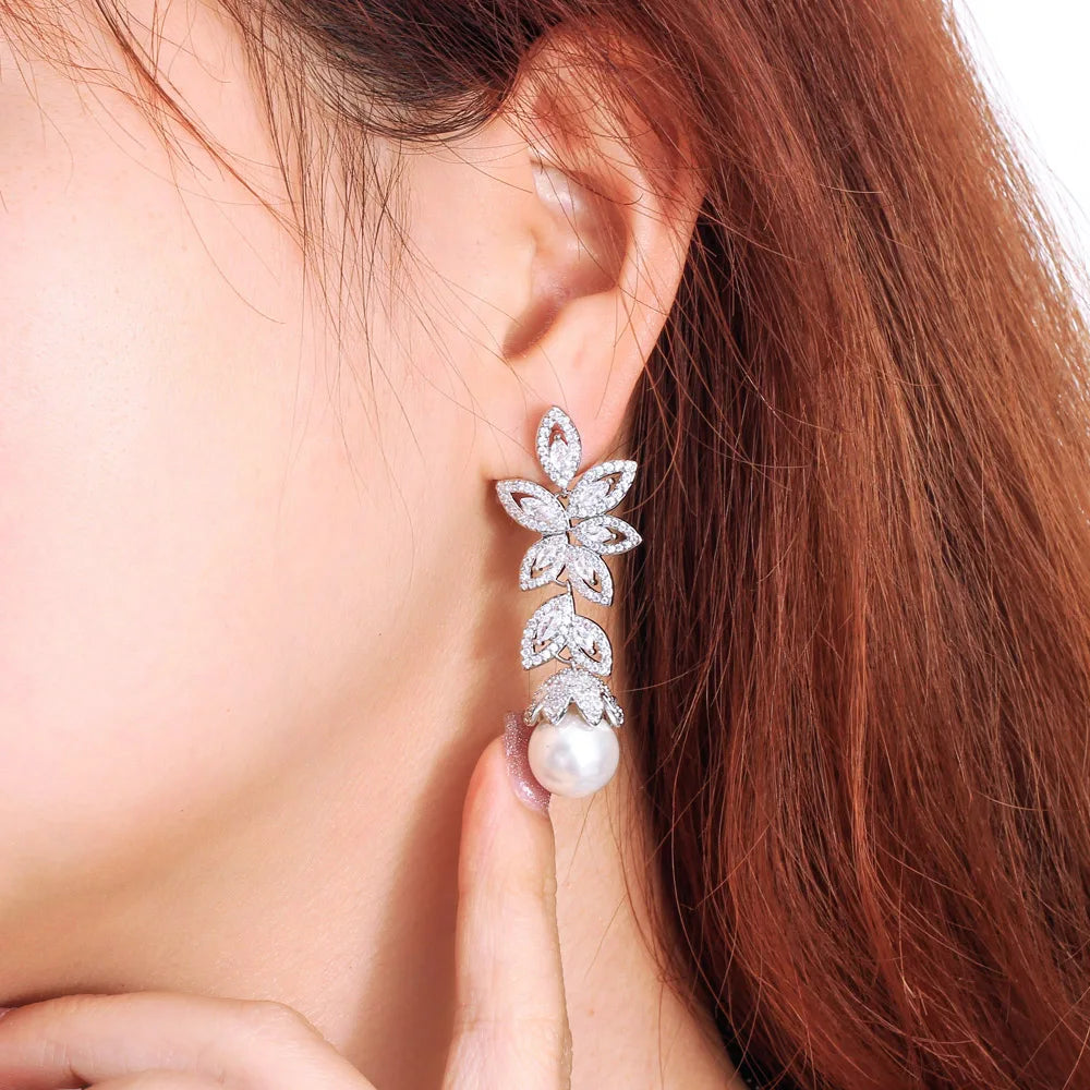 Long Cluster Leaf Shape Shiny Cubic Earrings