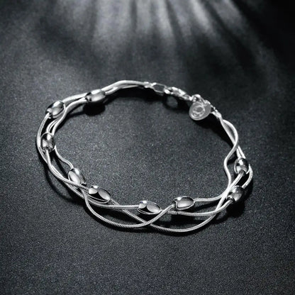 Silver Fringed Oval Beads Chain Bracelet