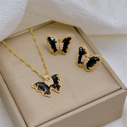 Cute Micro-inlaid Butterfly Necklace Earrings Set