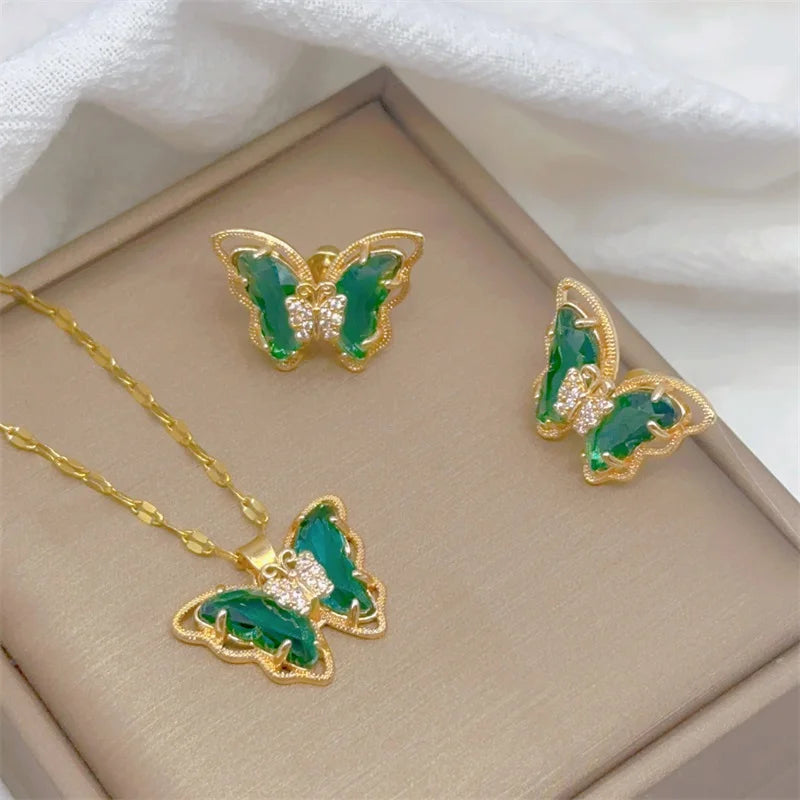 Cute Micro-inlaid Butterfly Necklace Earrings Set