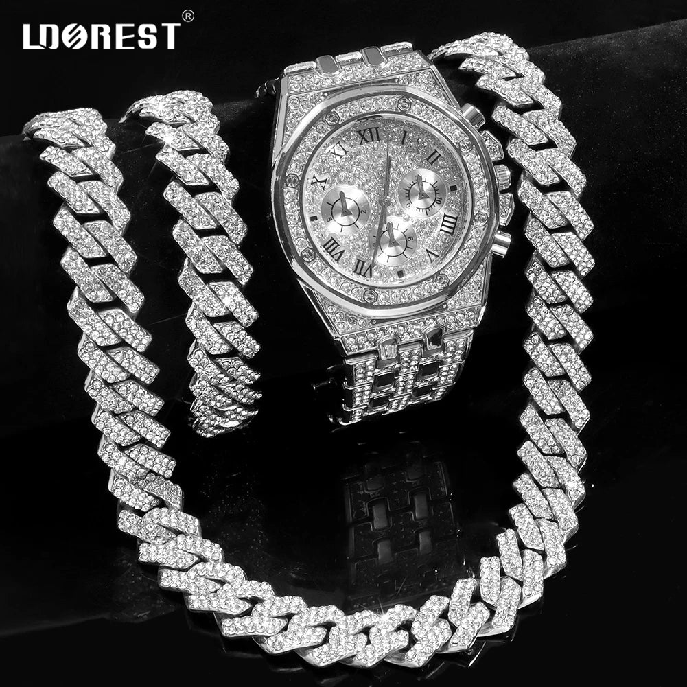 Men Rhinestone Cuban Chain Necklace Set