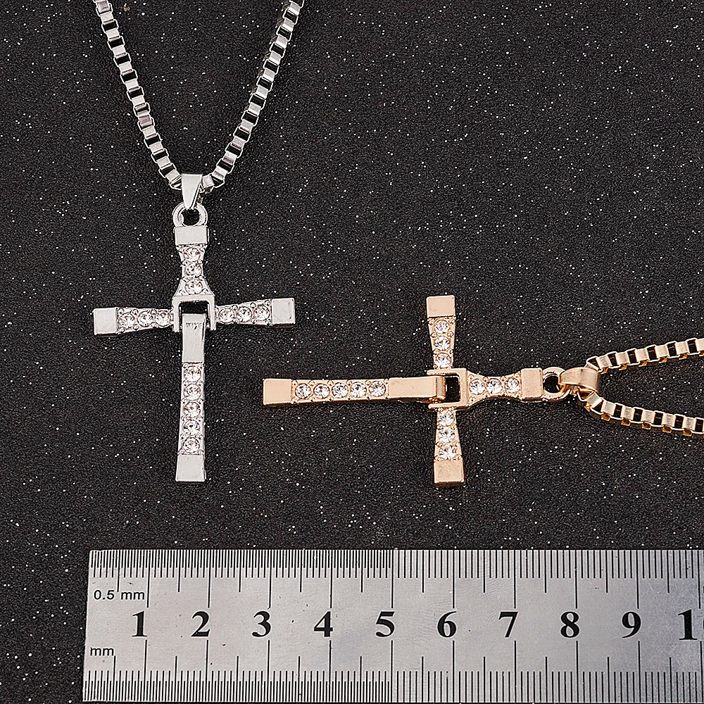 Men Cross Crystal Pendant Chain Necklace