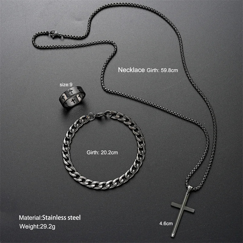 Men Titanium Steel Cross Pendant Necklace Set