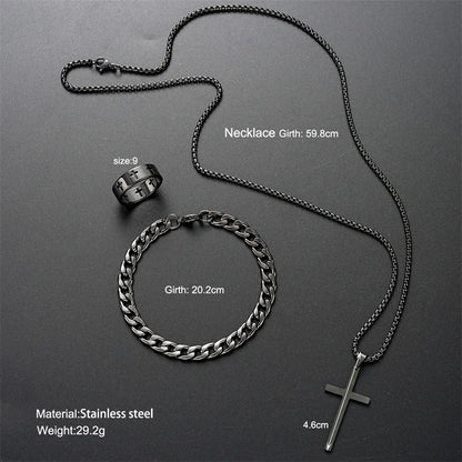 Men Titanium Steel Cross Pendant Necklace Set