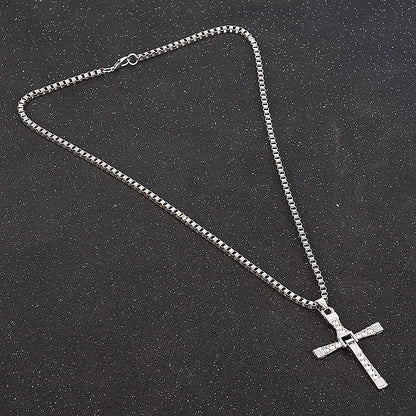 Men Cross Crystal Pendant Chain Necklace