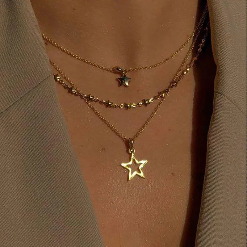 Women Fashion Hollow Star Pendant Necklace Set