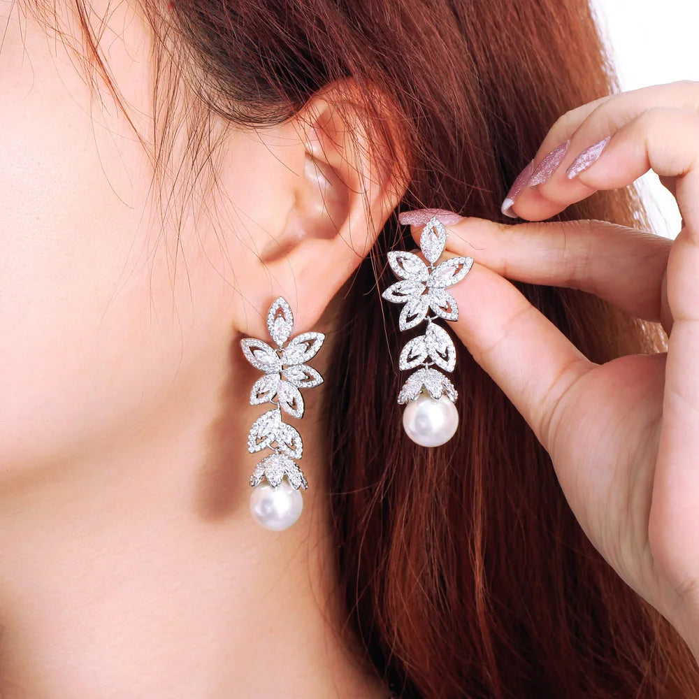 Long Cluster Leaf Shape Shiny Cubic Earrings