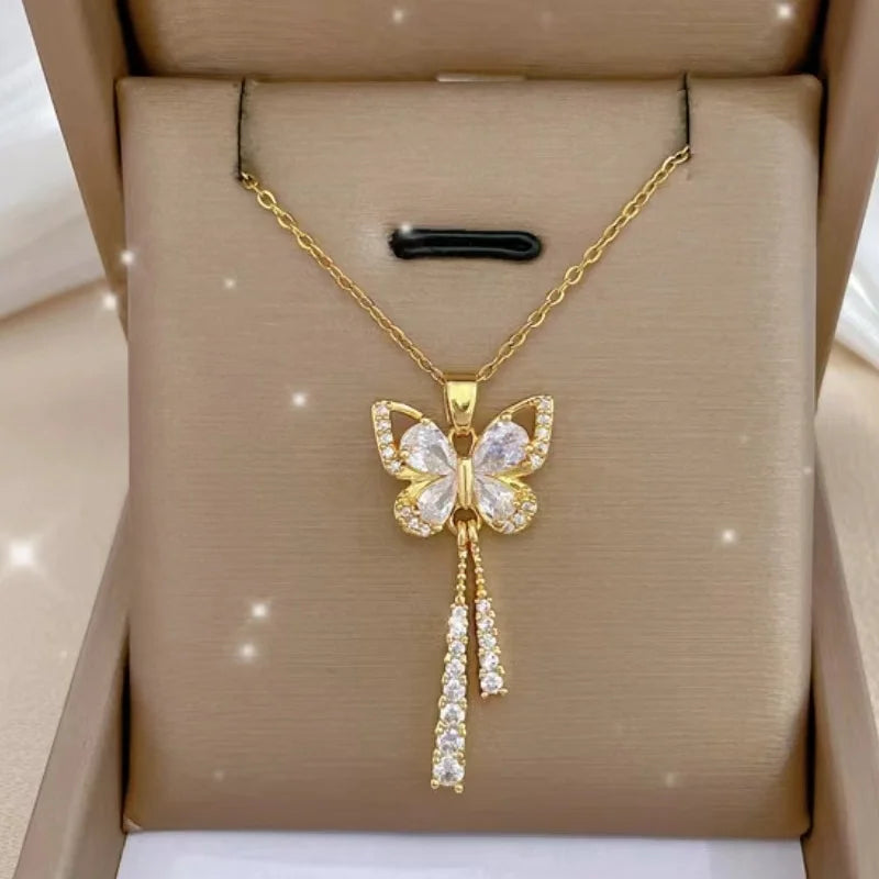 Women Zircon Butterfly Tassel Necklace