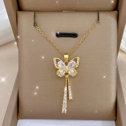 Women Zircon Butterfly Tassel Necklace