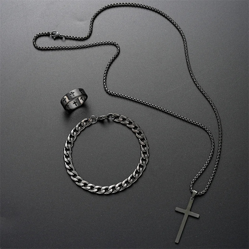 Men Titanium Steel Cross Pendant Necklace Set