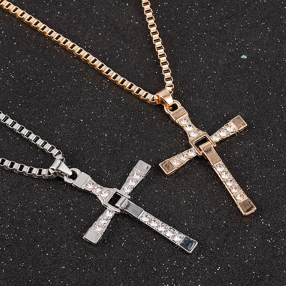 Men Cross Crystal Pendant Chain Necklace