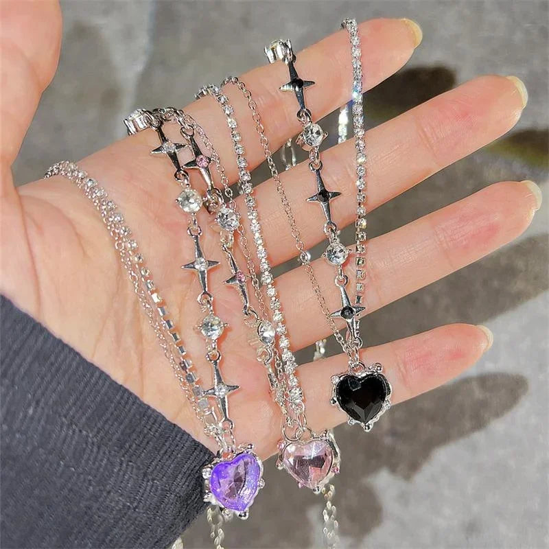 Women Purple Zircon Star Heart Necklace