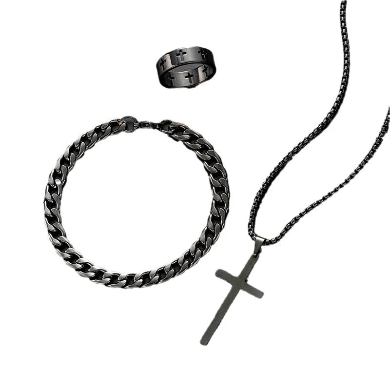 Men Titanium Steel Cross Pendant Necklace Set