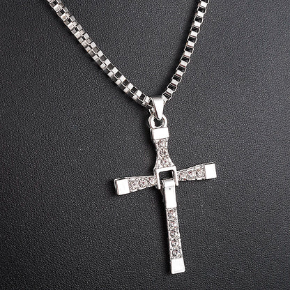 Men Cross Crystal Pendant Chain Necklace