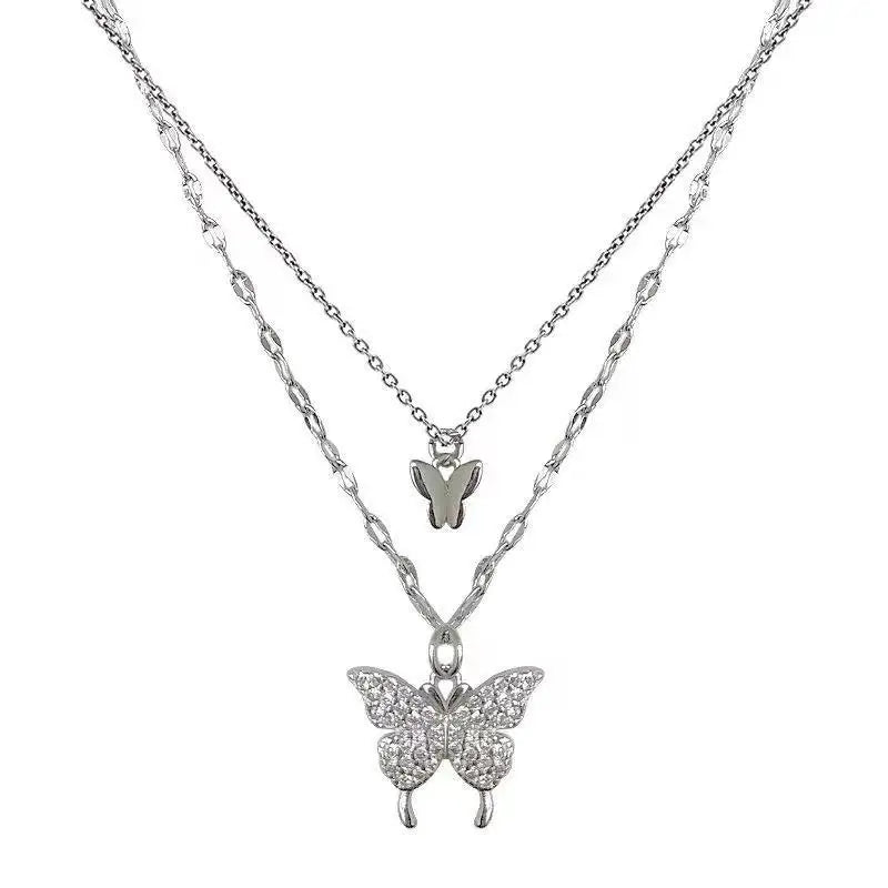 Women Double Shiny Butterfly Necklace