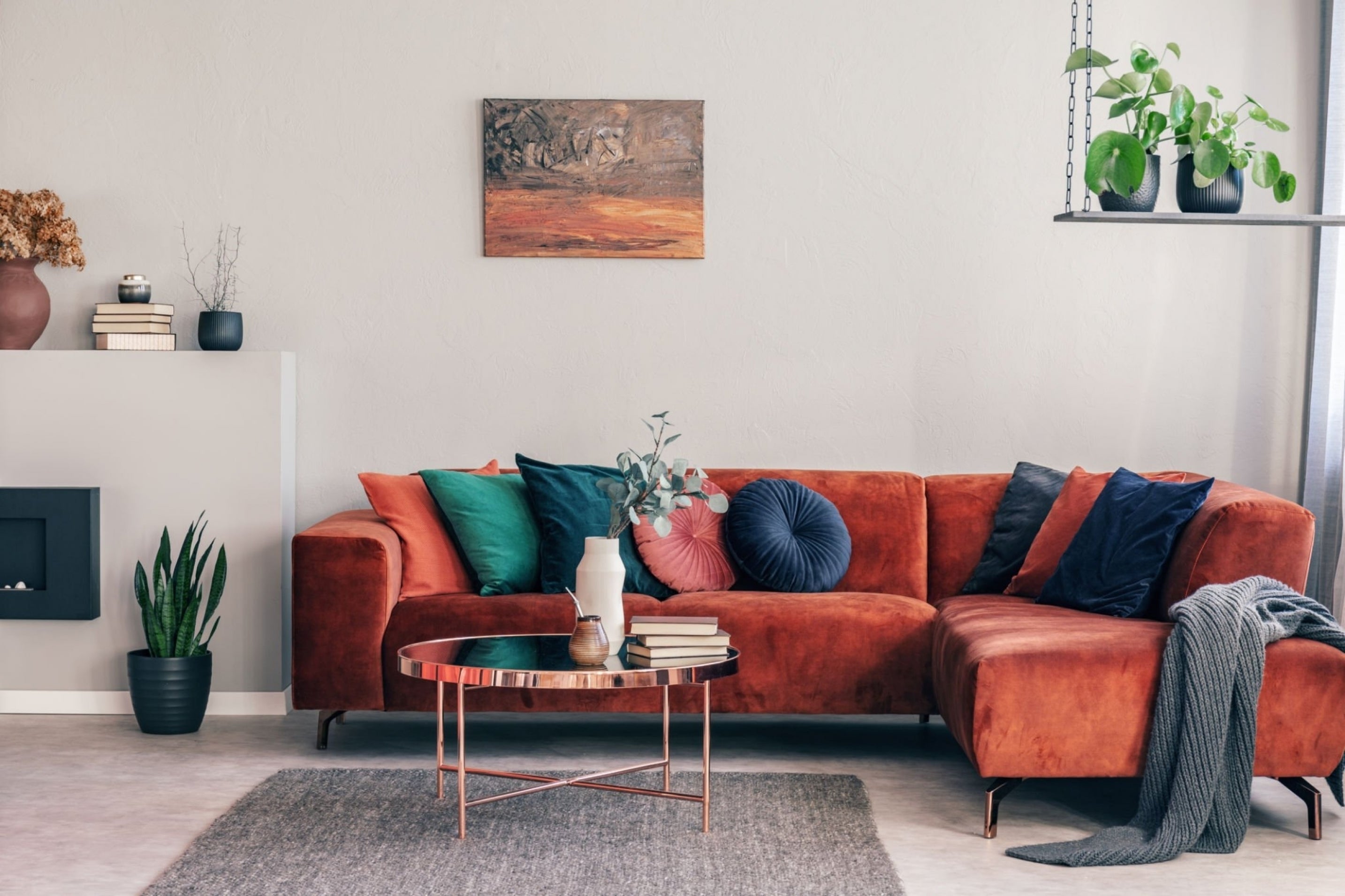 Living room with sofa and home essentials